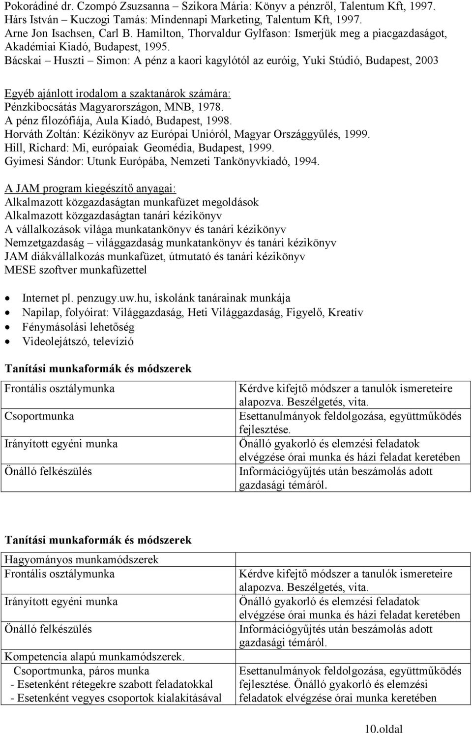 Bácskai Huszti Simon: A pénz a kaori kagylótól az euróig, Yuki Stúdió, Budapest, 2003 Egyéb ajánlott irodalom a szaktanárok számára: Pénzkibocsátás Magyarországon, MNB, 1978.