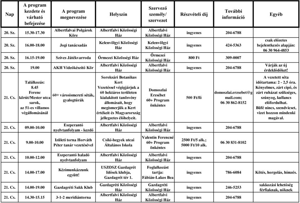 00 60+ városismereti séták, gyalogtúrák Eszperantó nyelvtanfolyam - kezdő Izületi torna Horváth Péter tanár vezetésével Eszperantó haladó nyelvtanfolyam Kézimunkázzunk együtt! 21. Cs. 14.00-19.