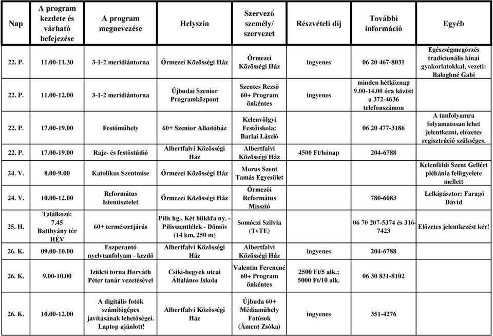 00 26. K. 9.00-10.00 Református Istentisztelet 60+ természetjárás Eszperantó nyelvtanfolyam - kezdő Izületi torna Horváth Péter tanár vezetésével Pilis hg., Két bükkfa ny.