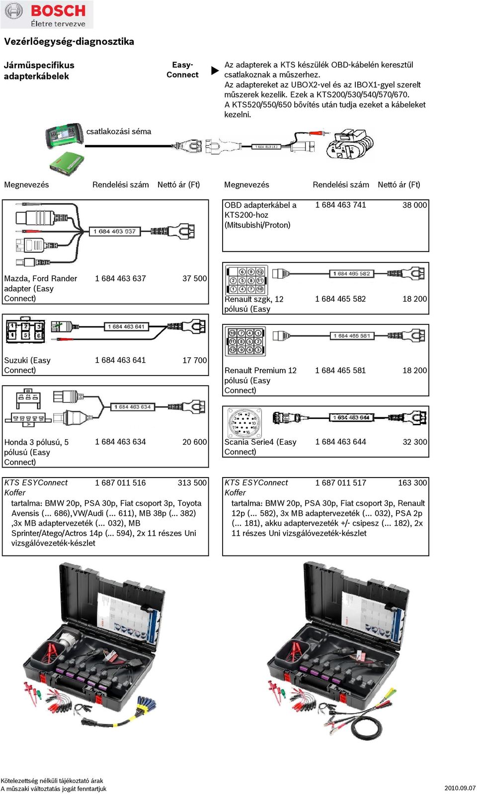 OBD adapterkábel a KTS200-hoz (Mitsubishi/Proton) 1 684 463 741 38 000 Mazda, Ford Rander 1 684 463 637 37 500 Renault szgk, 12 pólusú (Easy 1 684 465 582 18 200 Suzuki (Easy 1 684 463 641 17 700