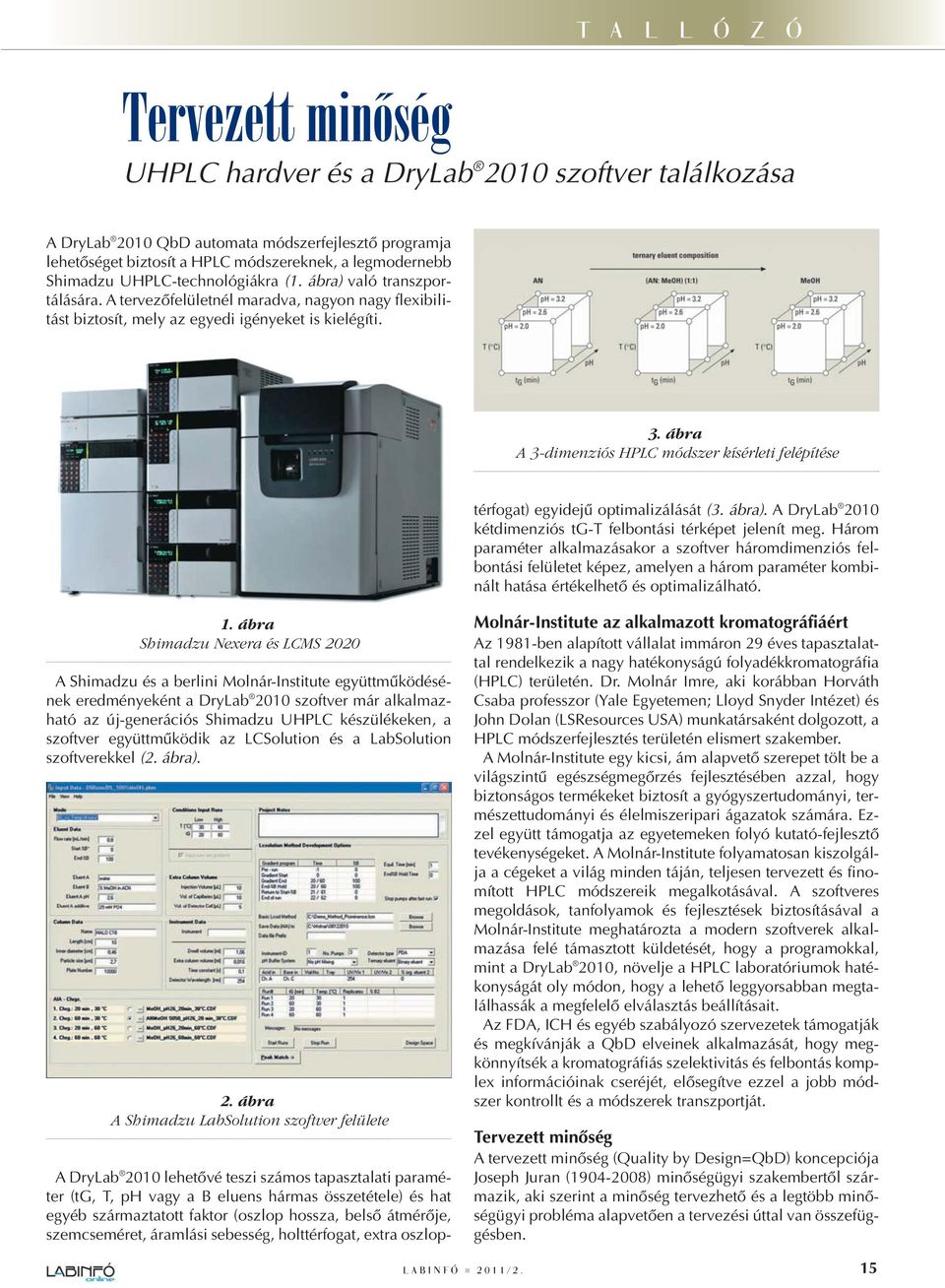 ábra A 3-dimenziós HPLC módszer kísérleti felépítése A DryLab 2010 lehetôvé teszi számos tapasztalati paraméter (tg, T, ph vagy a B eluens hármas összetétele) és hat egyéb származtatott faktor