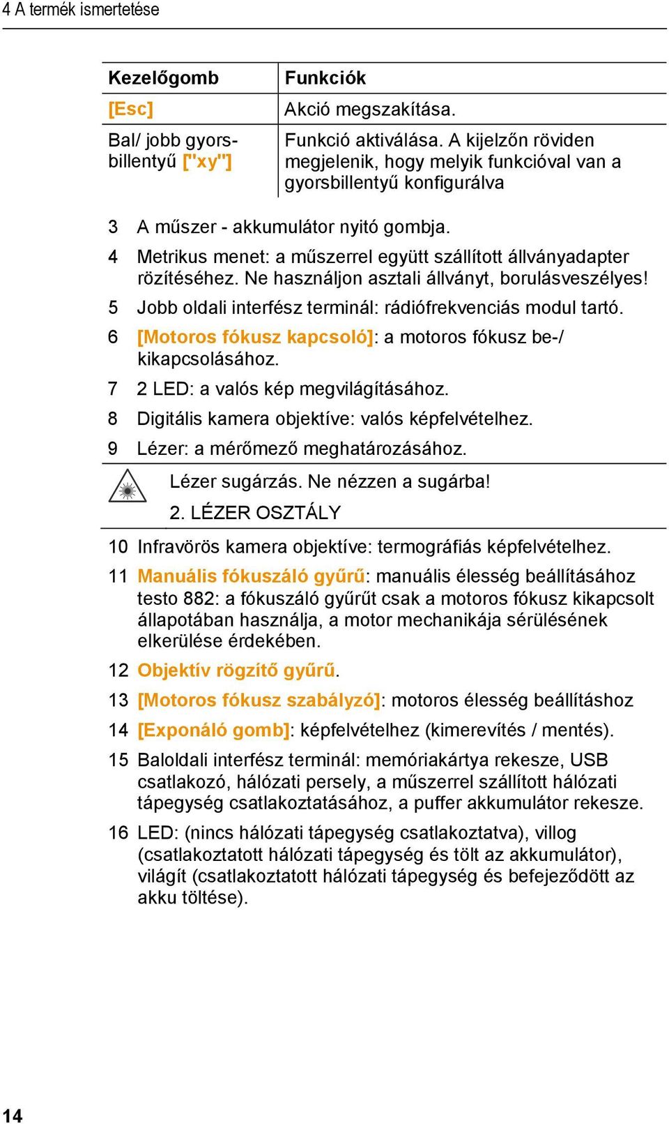 4 Metrikus menet: a műszerrel együtt szállított állványadapter rözítéséhez. Ne használjon asztali állványt, borulásveszélyes! 5 Jobb oldali interfész terminál: rádiófrekvenciás modul tartó.