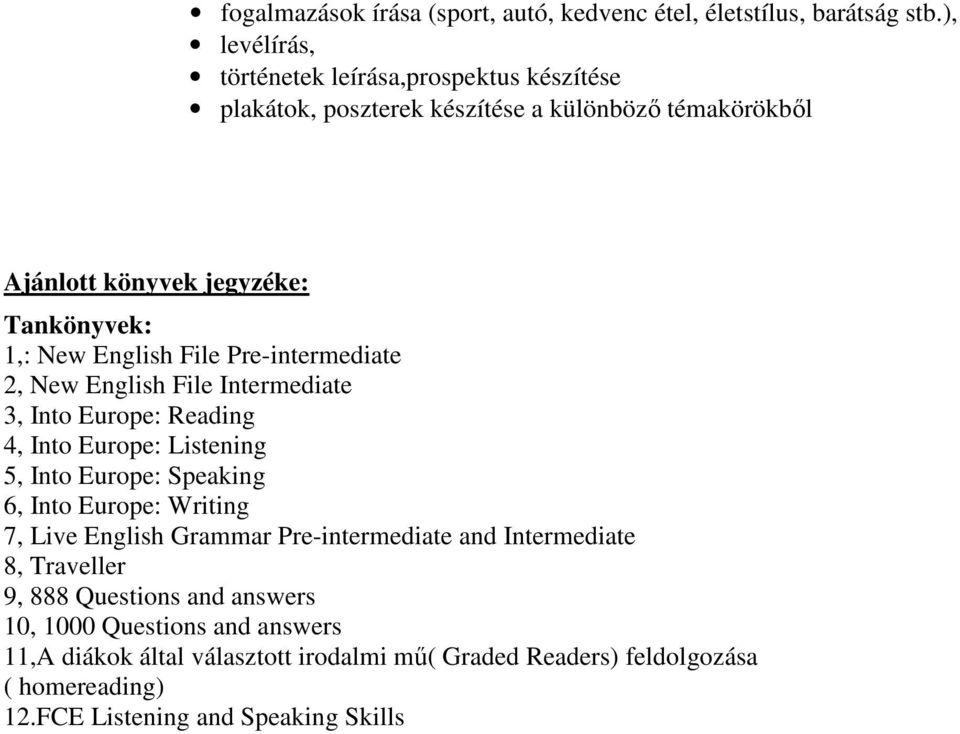 English File Pre-intermediate 2, New English File Intermediate 3, Into Europe: Reading 4, Into Europe: Listening 5, Into Europe: Speaking 6, Into Europe: