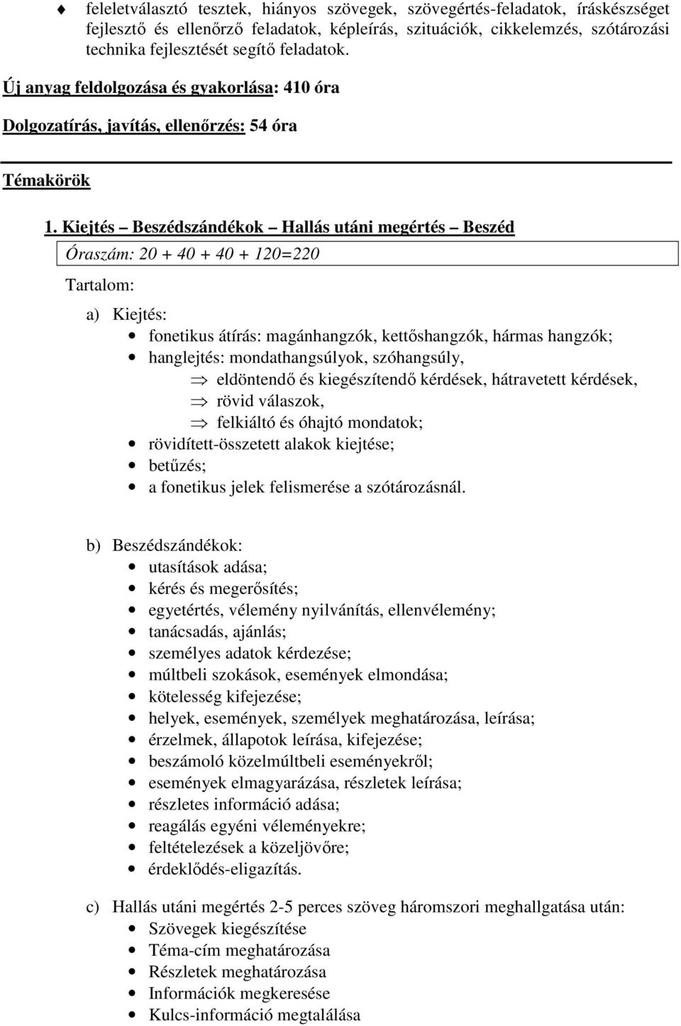 Kiejtés Beszédszándékok Hallás utáni megértés Beszéd Óraszám: 20 + 40 + 40 + 120=220 Tartalom: a) Kiejtés: fonetikus átírás: magánhangzók, kettőshangzók, hármas hangzók; hanglejtés: mondathangsúlyok,