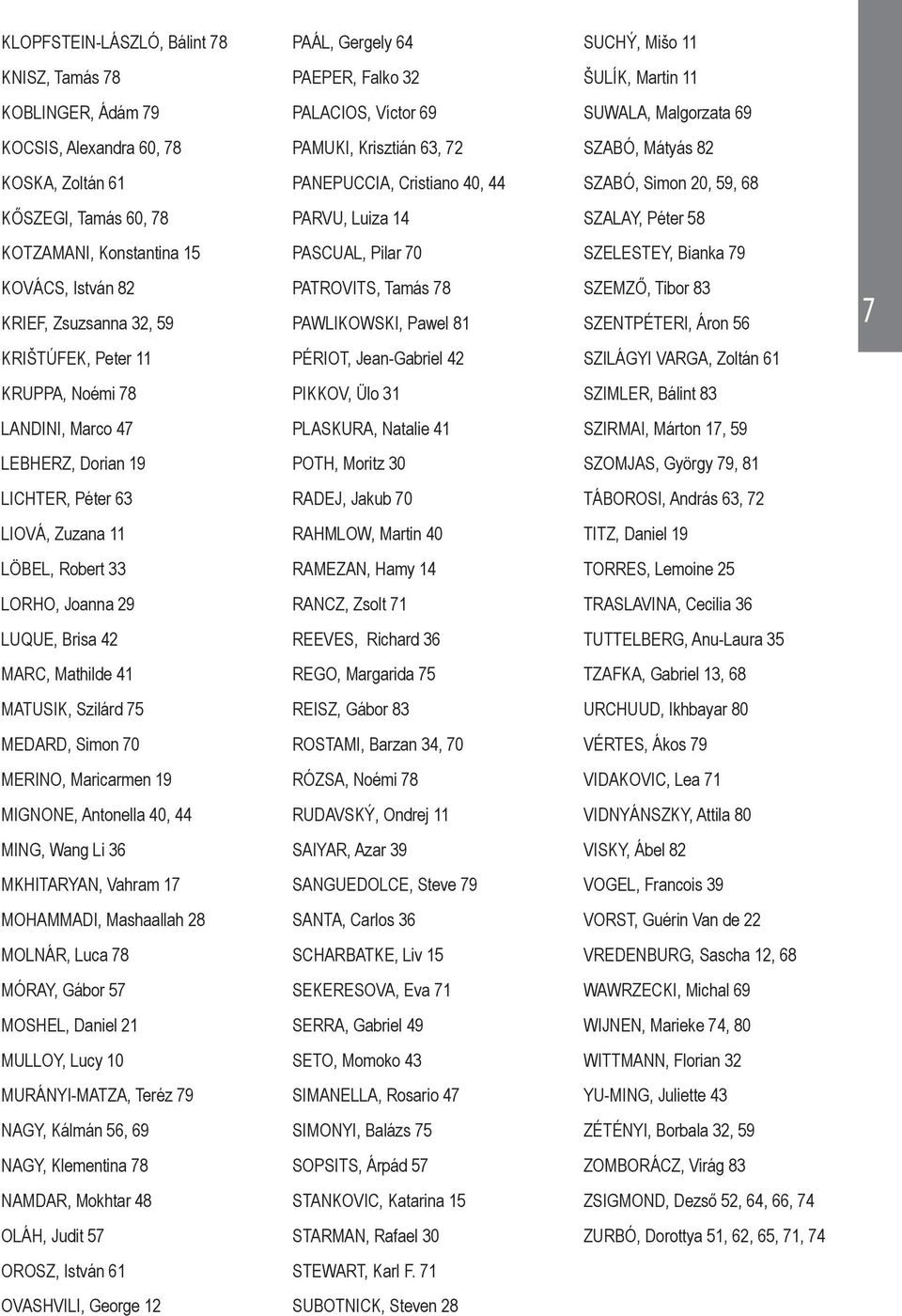 PASCUAL, Pilar 70 SZELESTEY, Bianka 79 KOVÁCS, István 82 KRIEF, Zsuzsanna 32, 59 PATROVITS, Tamás 78 PAWLIKOWSKI, Pawel 81 SZEMZŐ, Tibor 83 SZENTPÉTERI, Áron 56 7 KRIŠTÚFEK, Peter 11 PÉRIOT,