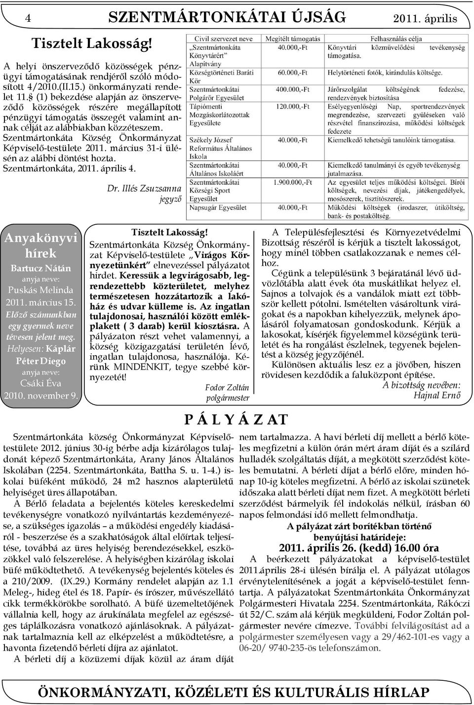 Szentmártonkáta Község Önkormányzat Képviselő-testülete 2011. március 31-i ülésén az alábbi döntést hozta. Szentmártonkáta, 2011. április 4. Dr.