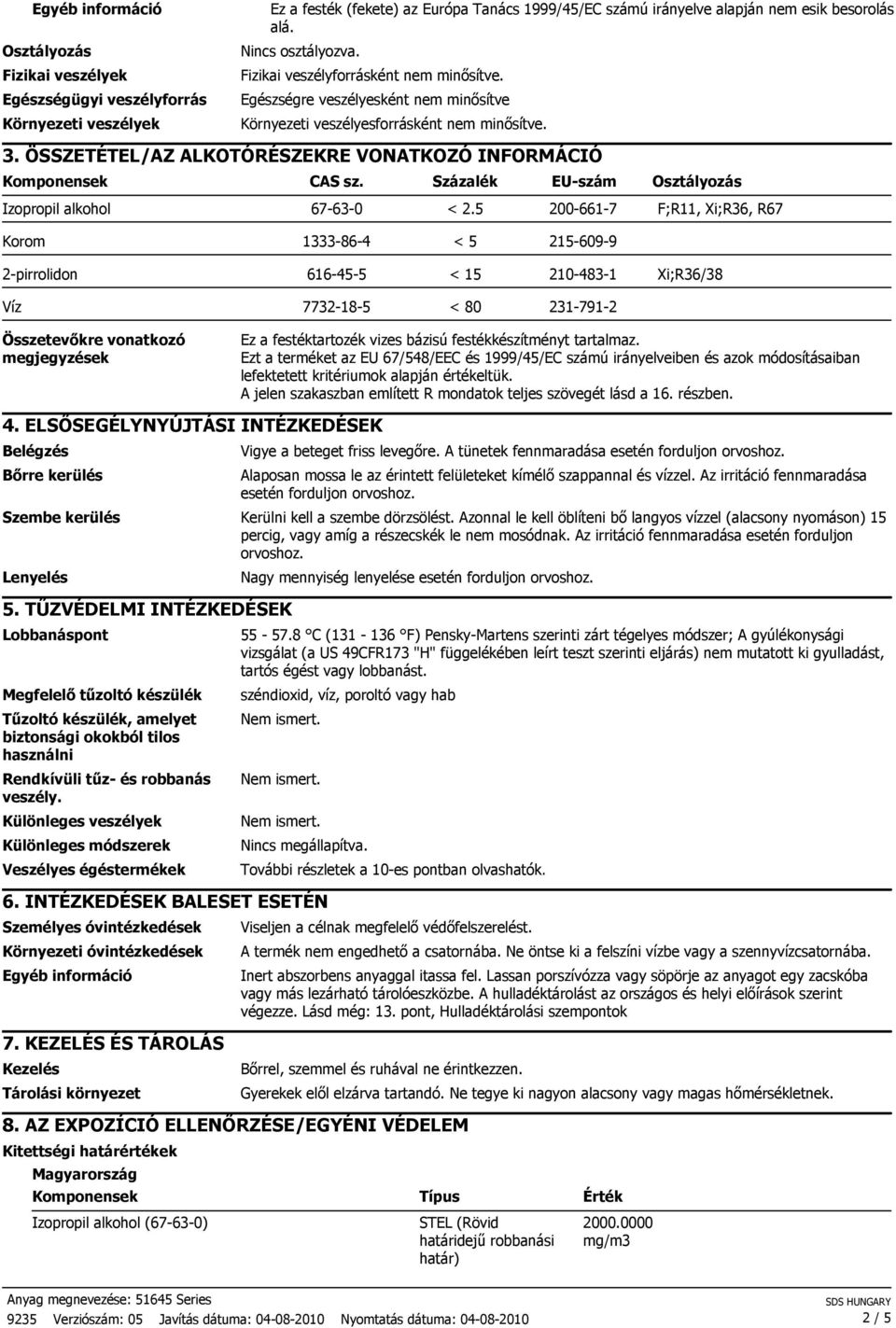 ÖSSZETÉTEL/AZ ALKOTÓRÉSZEKRE VONATKOZÓ INFORMÁCIÓ Komponensek CAS sz. Százalék EU-szám Osztályozás 67-63-0 < 2.