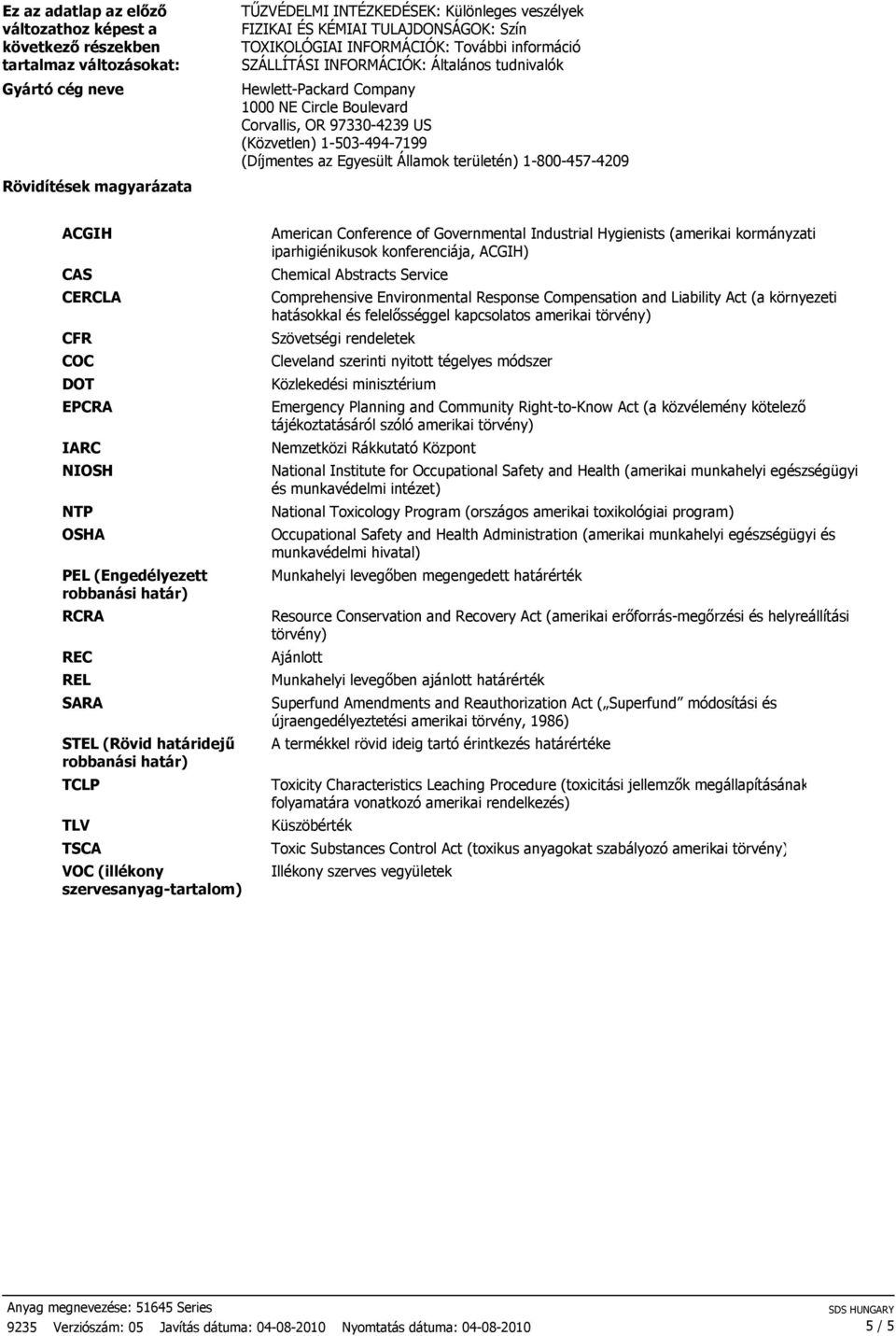 1-503-494-7199 (Díjmentes az Egyesült Államok területén) 1-800-457-4209 ACGIH CAS CERCLA CFR COC DOT EPCRA IARC NIOSH NTP OSHA PEL (Engedélyezett robbanási határ) RCRA REC REL SARA STEL (Rövid