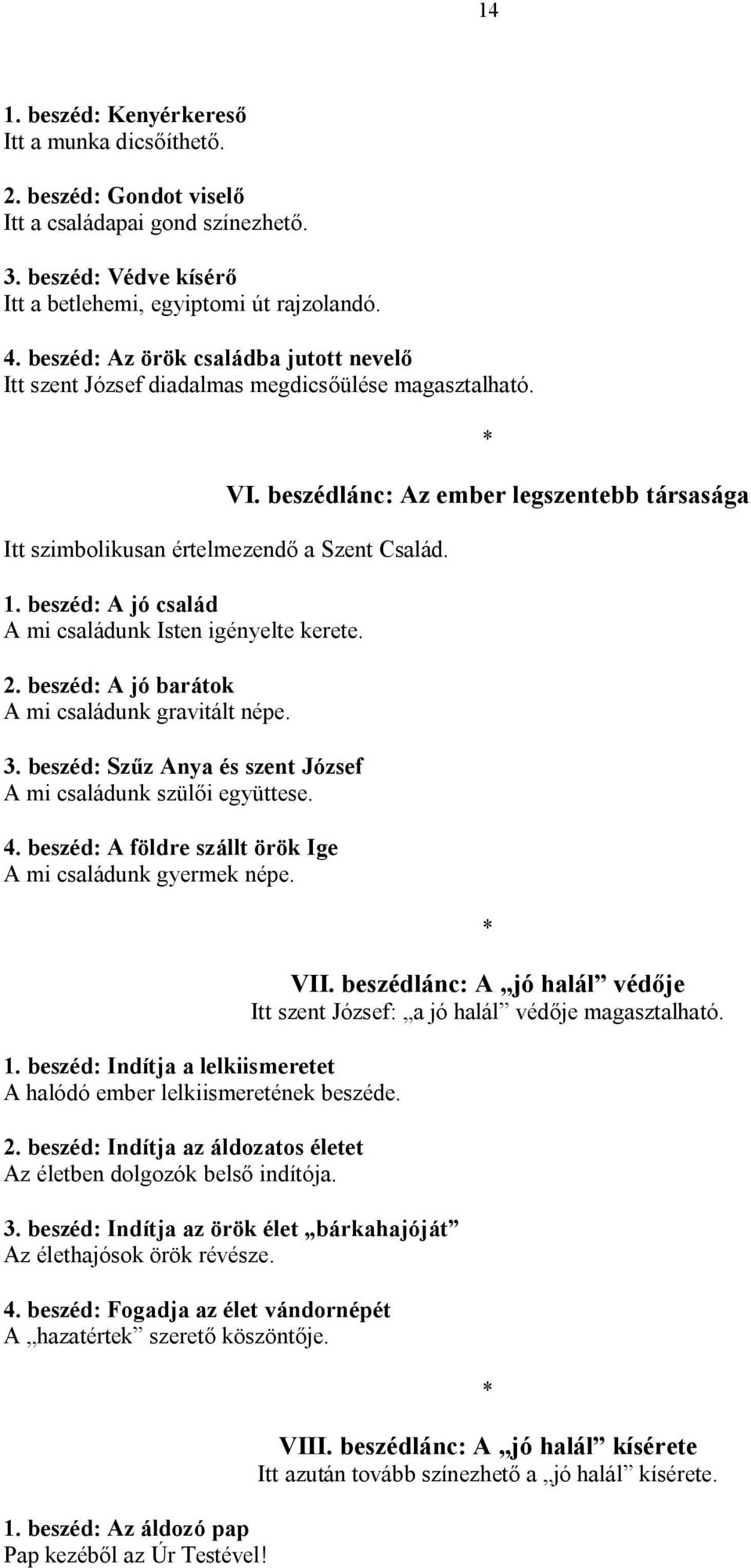 beszéd: A jó család A mi családunk Isten igényelte kerete. 2. beszéd: A jó barátok A mi családunk gravitált népe. 3. beszéd: Szűz Anya és szent József A mi családunk szülői együttese. 4.