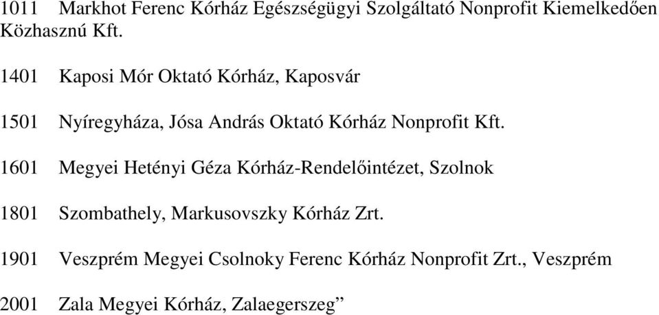 1601 Megyei Hetényi Géza Kórház-Rendelıintézet, Szolnok 1801 Szombathely, Markusovszky Kórház Zrt.