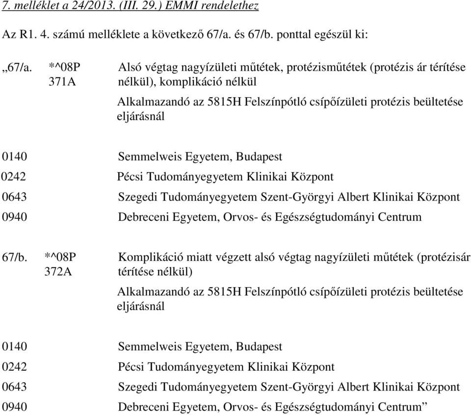 Semmelweis Egyetem, Budapest 0242 Pécsi Tudományegyetem Klinikai Központ 0643 Szegedi Tudományegyetem Szent-Györgyi Albert Klinikai Központ 0940 Debreceni Egyetem, Orvos- és Egészségtudományi Centrum