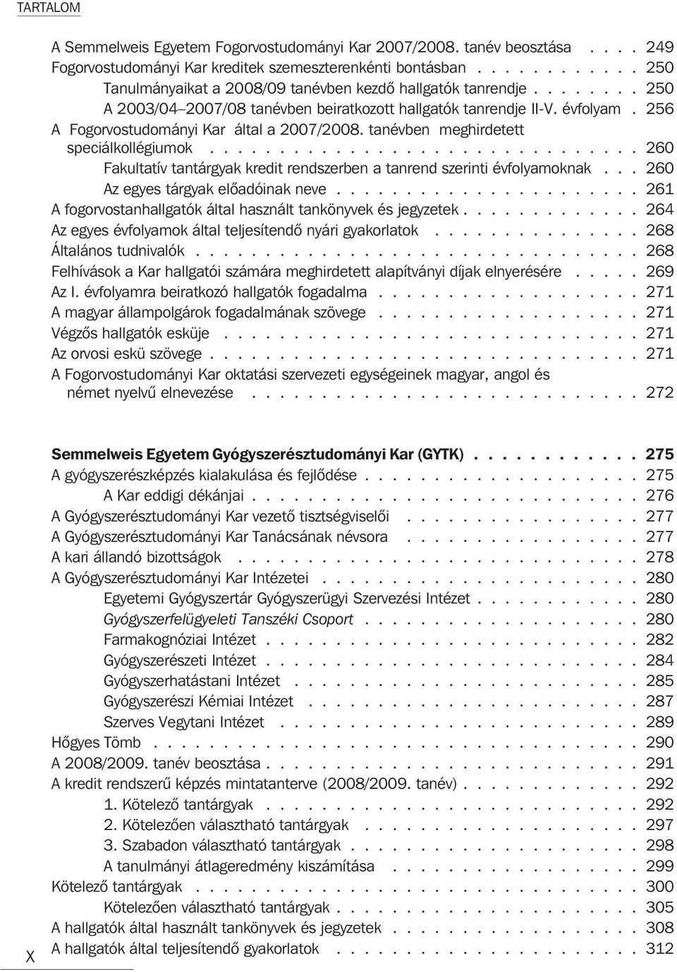 256 A Fogorvostudományi Kar által a 2007/2008. tanévben meghirdetett speciálkollégiumok............................... 260 Fakultatív tantárgyak kredit rendszerben a tanrend szerinti évfolyamoknak.