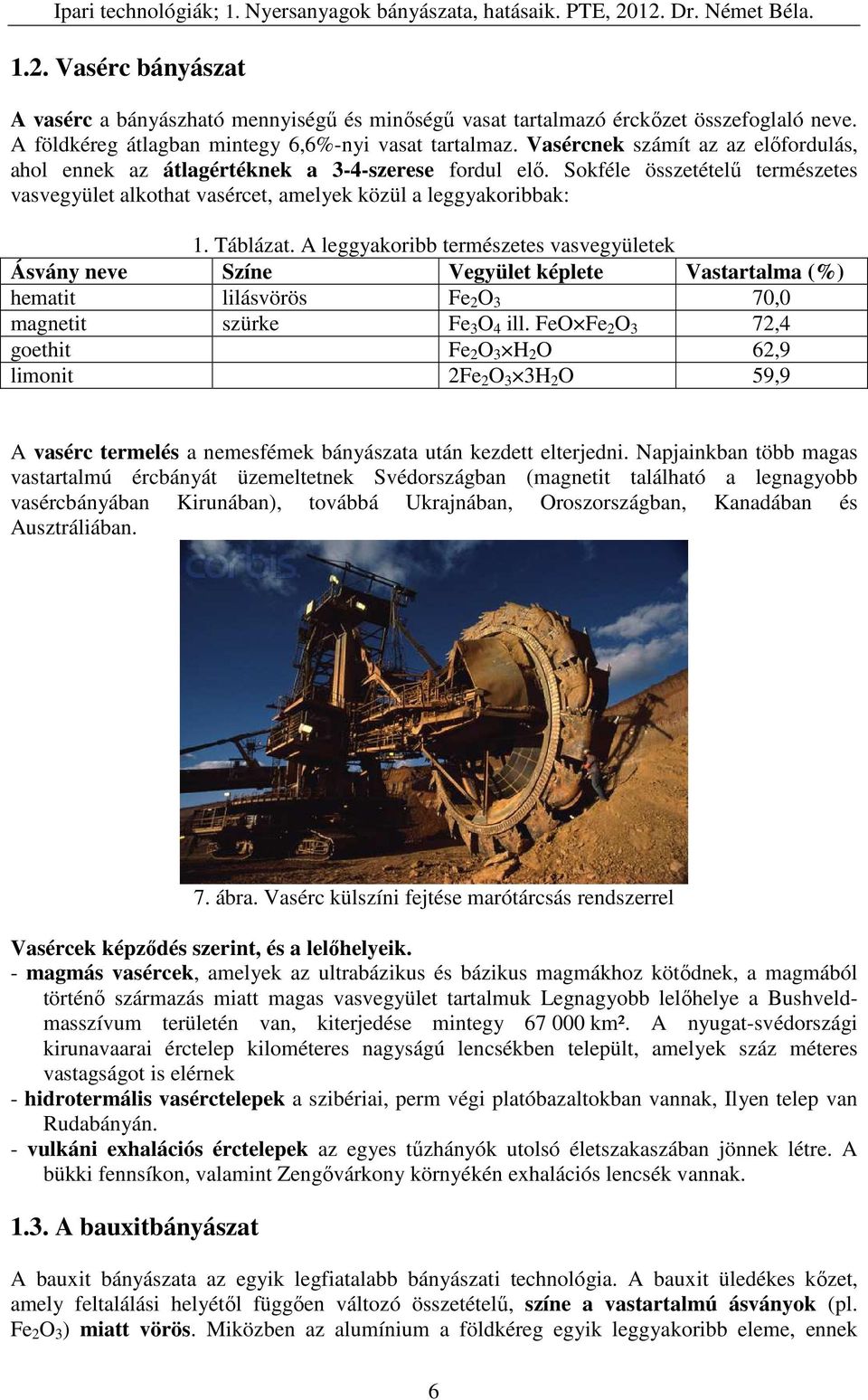 A leggyakoribb természetes vasvegyületek Ásvány neve Színe Vegyület képlete Vastartalma (%) hematit lilásvörös Fe 2 O 3 70,0 magnetit szürke Fe 3 O 4 ill.