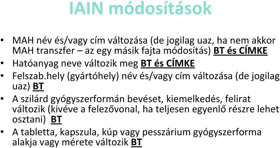 hely (gyártóhely) név és/vagy cím változása (de jogilag uaz) BT A szilárd gyógyszerformán bevéset, kiemelkedés,