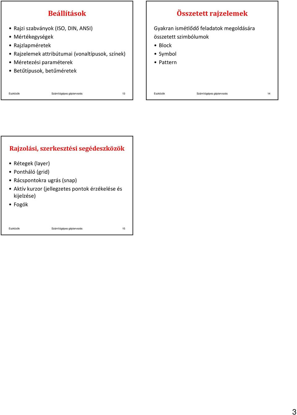 összetett szimbólumok Block Symbol Pattern Eszközök 13 Eszközök 14 Rajzolási, szerkesztési segédeszközök Rétegek