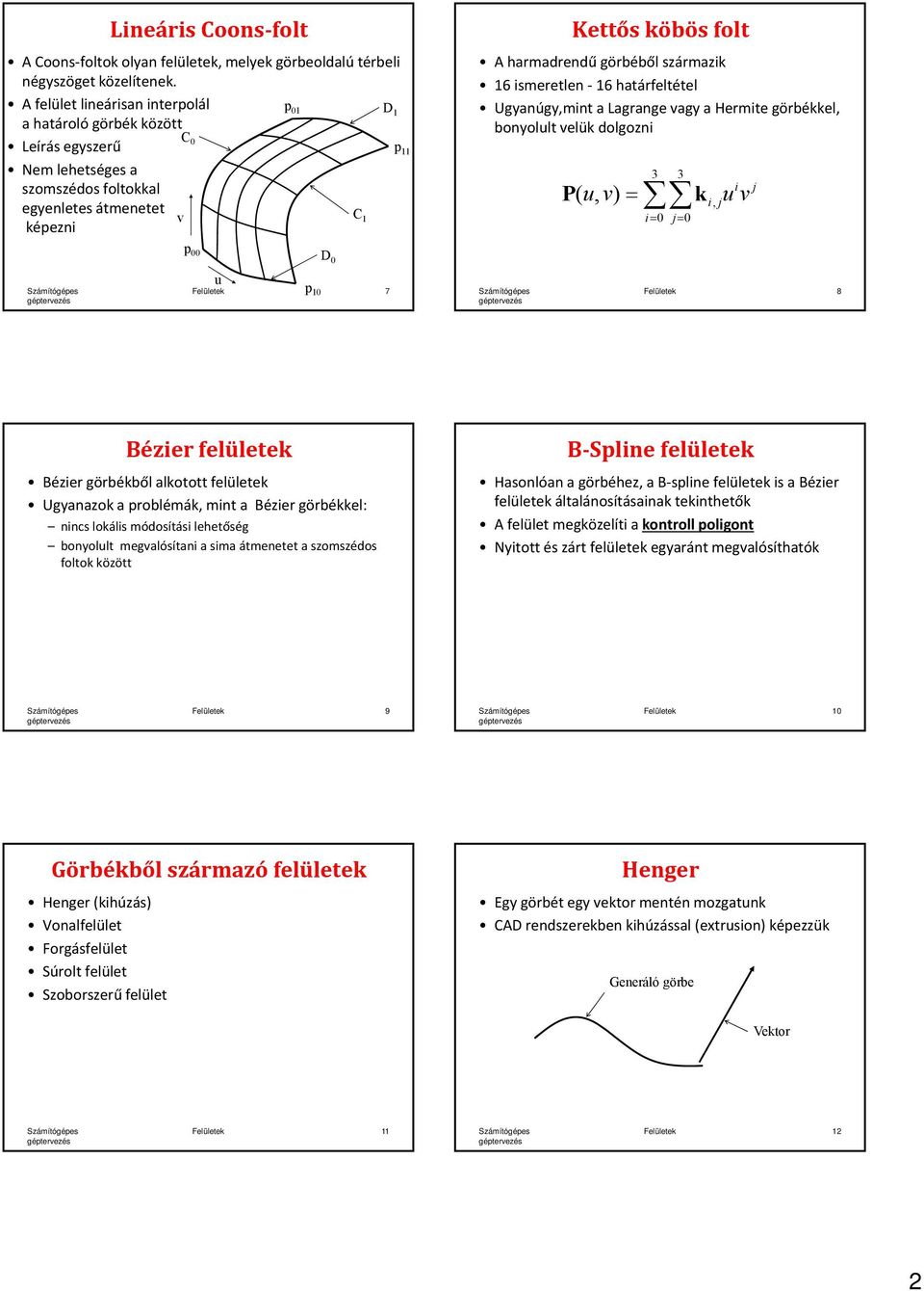 görbéből származik 16 ismeretlen 16 határfeltétel Ugyanúgy,mint a Lagrange vagy a Hermite görbékkel, bonyolult velük dolgozni P( u, v) 3 i 0 3 j 0 k i, j i u v j p 00 D 0 u Felületek p 10 7 Felületek