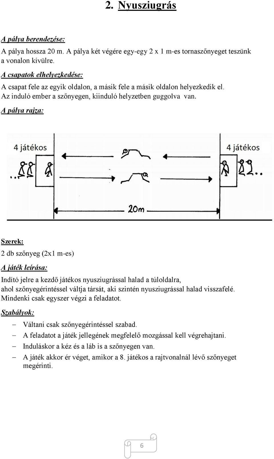 2 db szőnyeg (2x1 m-es) Indító jelre a kezdő játékos nyusziugrással halad a túloldalra, ahol szőnyegérintéssel váltja társát, aki szintén nyusziugrással halad visszafelé.