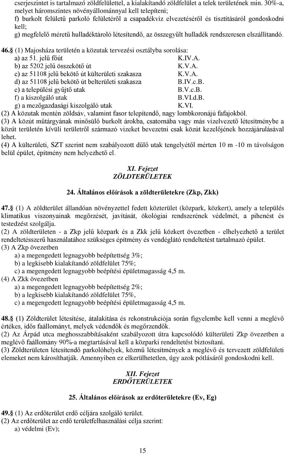 létesítendő, az összegyűlt hulladék rendszeresen elszállítandó. 46. (1) Majosháza területén a közutak tervezési osztályba sorolása: a) az 51. jelű főút K.IV.A.