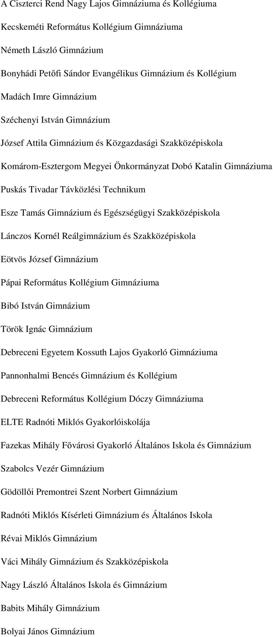 Gimnázium és Egészségügyi Szakközépiskola Lánczos Kornél Reálgimnázium és Szakközépiskola Eötvös József Gimnázium Pápai Református Kollégium Gimnáziuma Bibó István Gimnázium Török Ignác Gimnázium