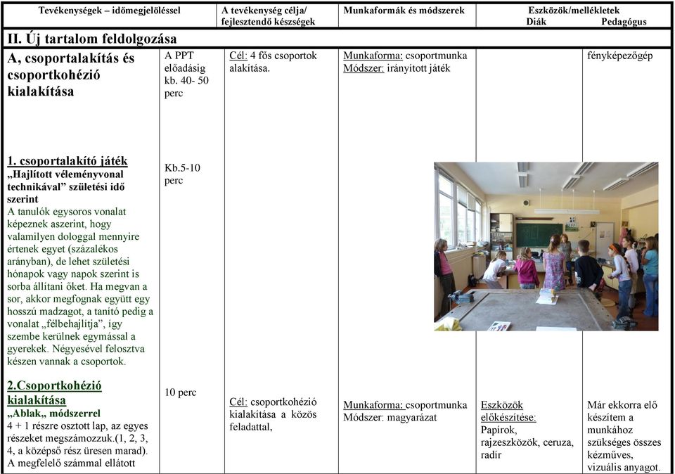 Munkaformák és módszerek Munkaforma: csoportmunka Módszer: irányított játék Eszközök/mellékletek Diák Pedagógus fényképezőgép 1.