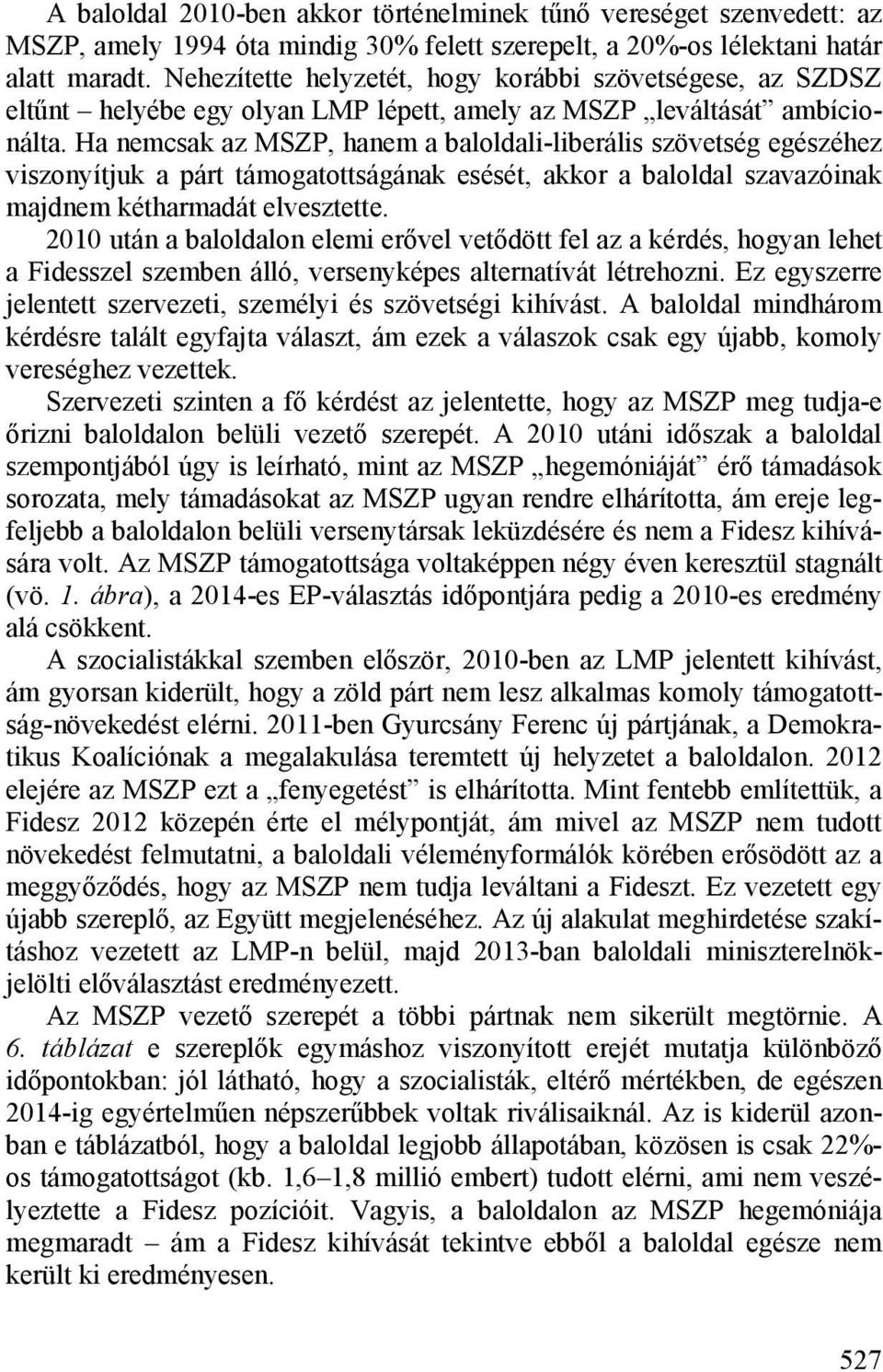 Ha nemcsak az MSZP, hanem a baloldali-liberális szövetség egészéhez viszonyítjuk a párt támogatottságának esését, akkor a baloldal szavazóinak majdnem kétharmadát elvesztette.