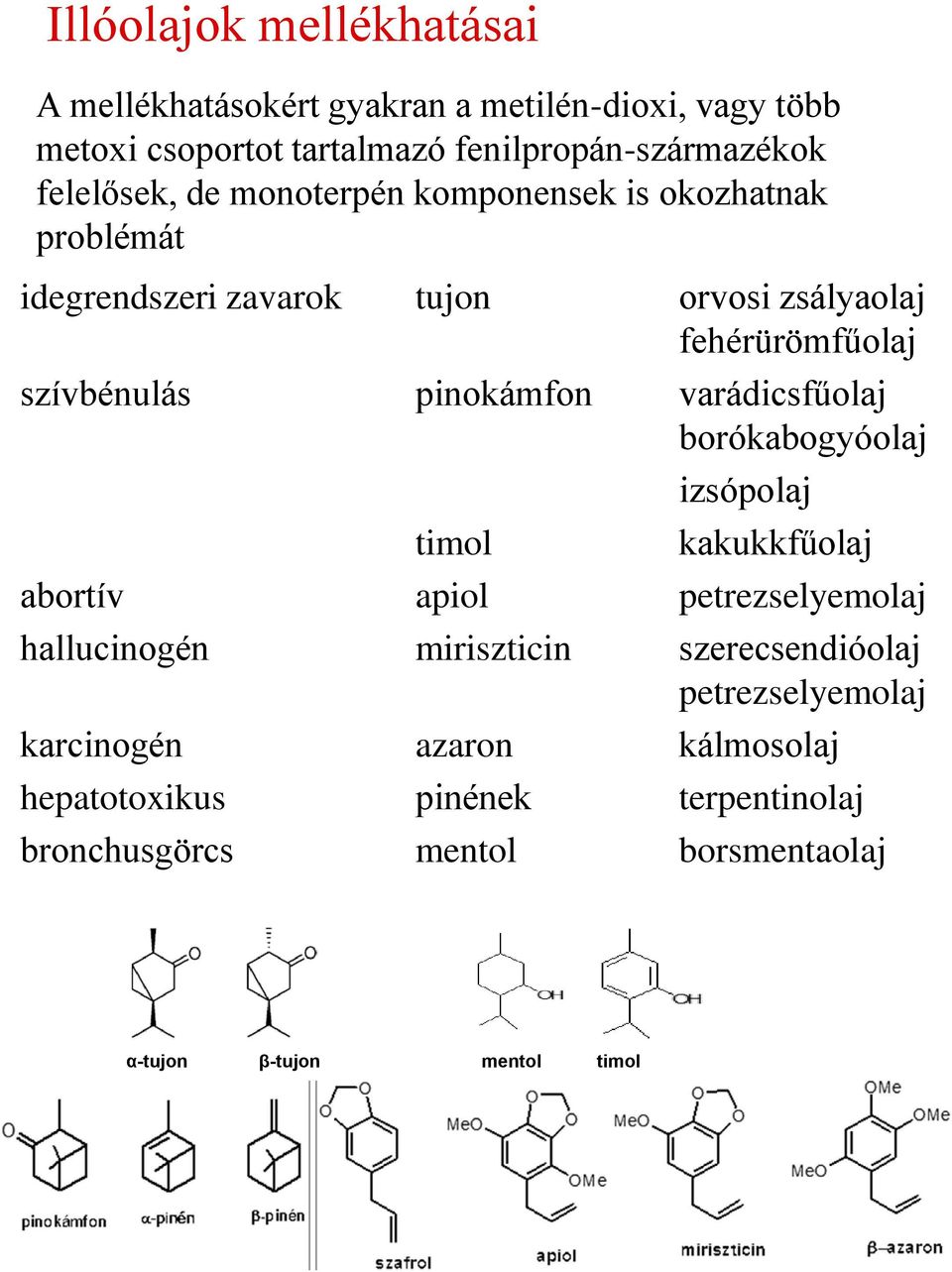 pinokámfon varádicsfűolaj borókabogyóolaj timol izsópolaj kakukkfűolaj abortív apiol petrezselyemolaj hallucinogén miriszticin