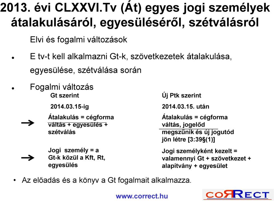 átalakulása, egyesülése, szétválása során Fogalmi változás Gt szerint 2014.03.