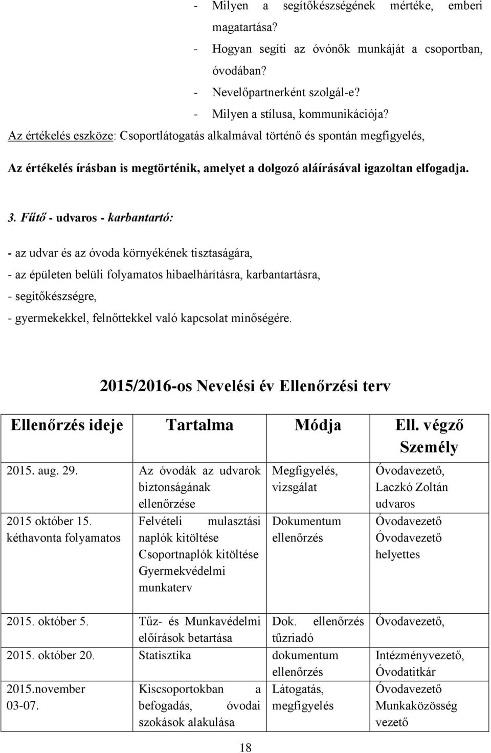 Fűtő - udvaros - karbantartó: - az udvar és az óvoda környékének tisztaságára, - az épületen belüli folyamatos hibaelhárításra, karbantartásra, - segítőkészségre, - gyermekekkel, felnőttekkel való