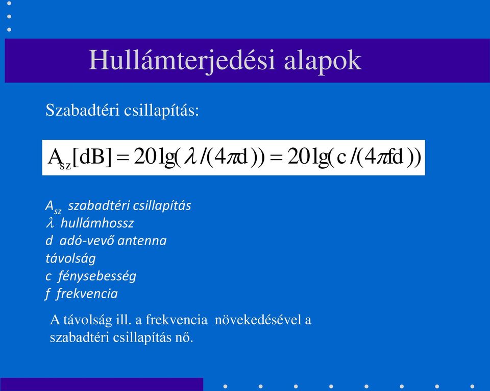 hullámhossz d adó-vevő antenna távolság c fénysebesség f