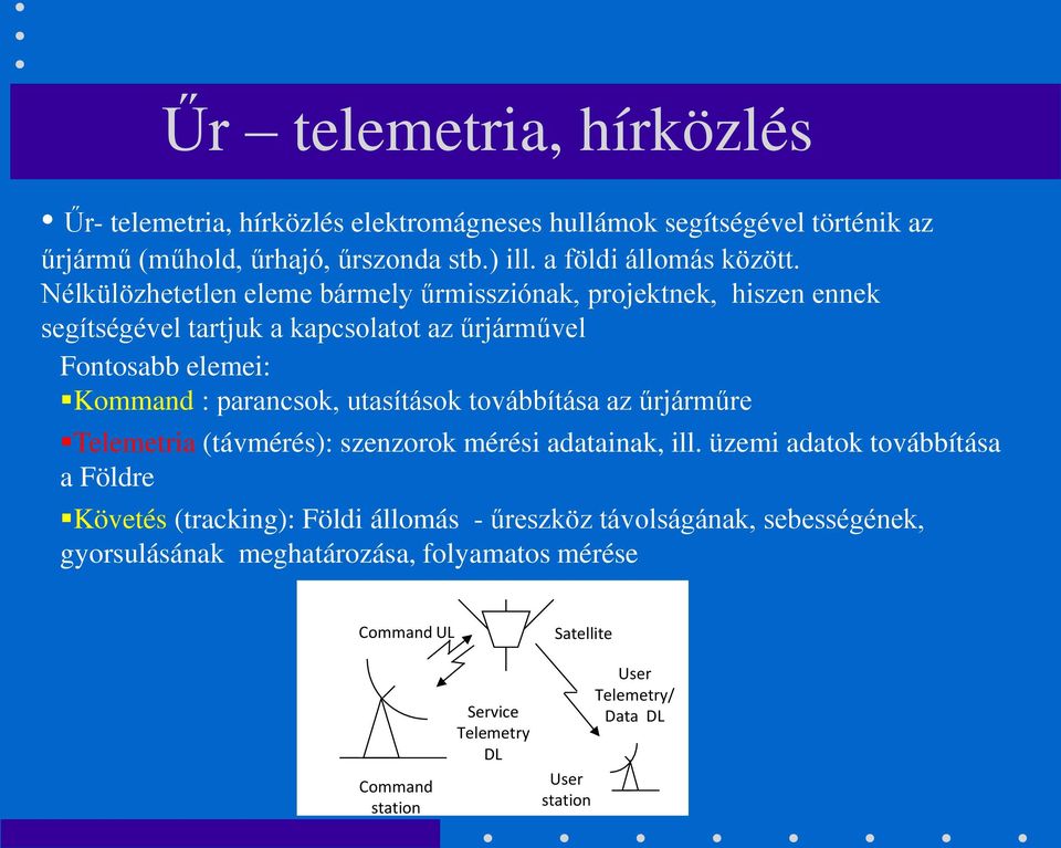 Nélkülözhetetlen eleme bármely űrmissziónak, projektnek, hiszen ennek segítségével tartjuk a kapcsolatot az űrjárművel Fontosabb elemei: Kommand : parancsok,