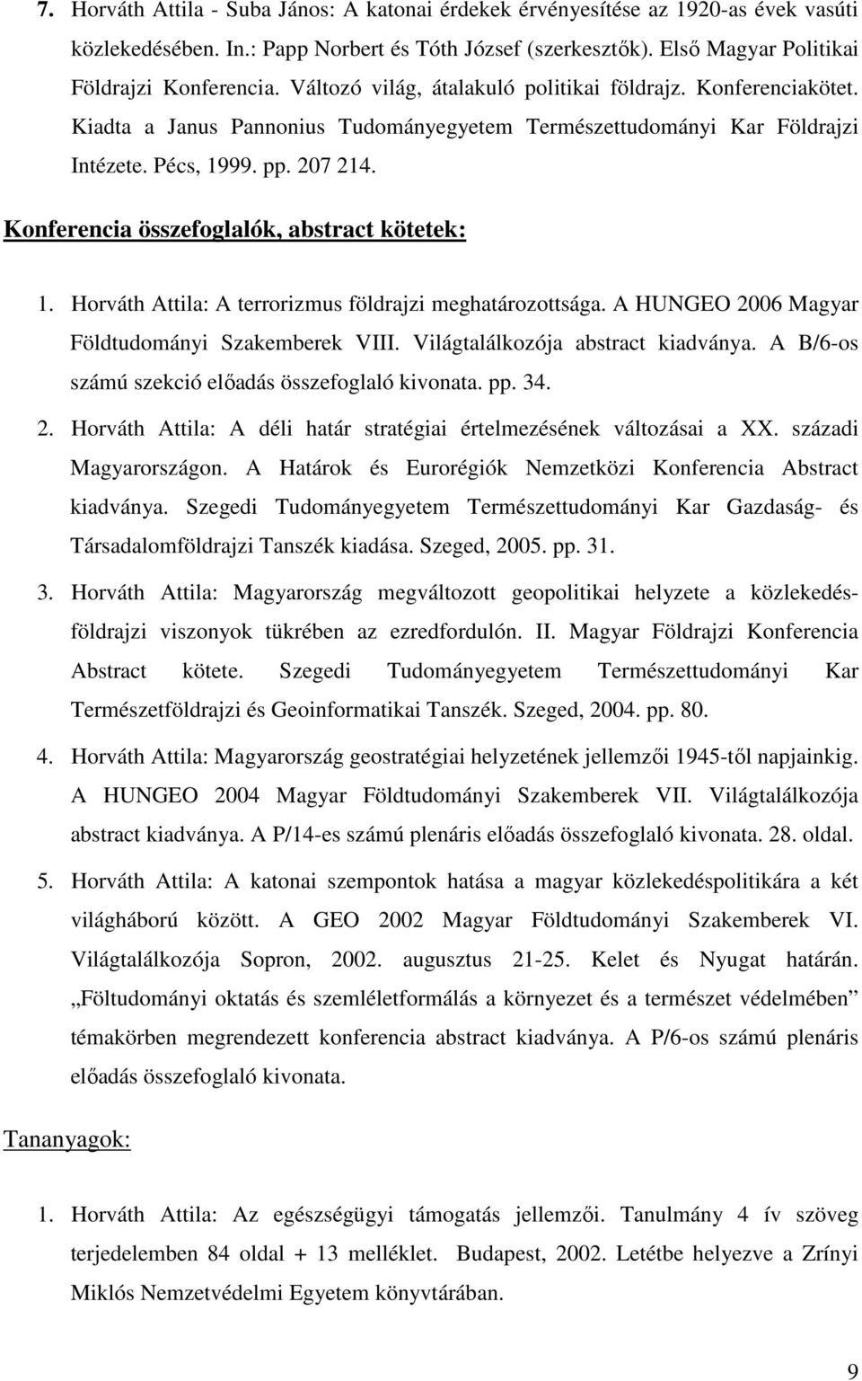 Konferencia összefoglalók, abstract kötetek: 1. Horváth Attila: A terrorizmus földrajzi meghatározottsága. A HUNGEO 2006 Magyar Földtudományi Szakemberek VIII. Világtalálkozója abstract kiadványa.