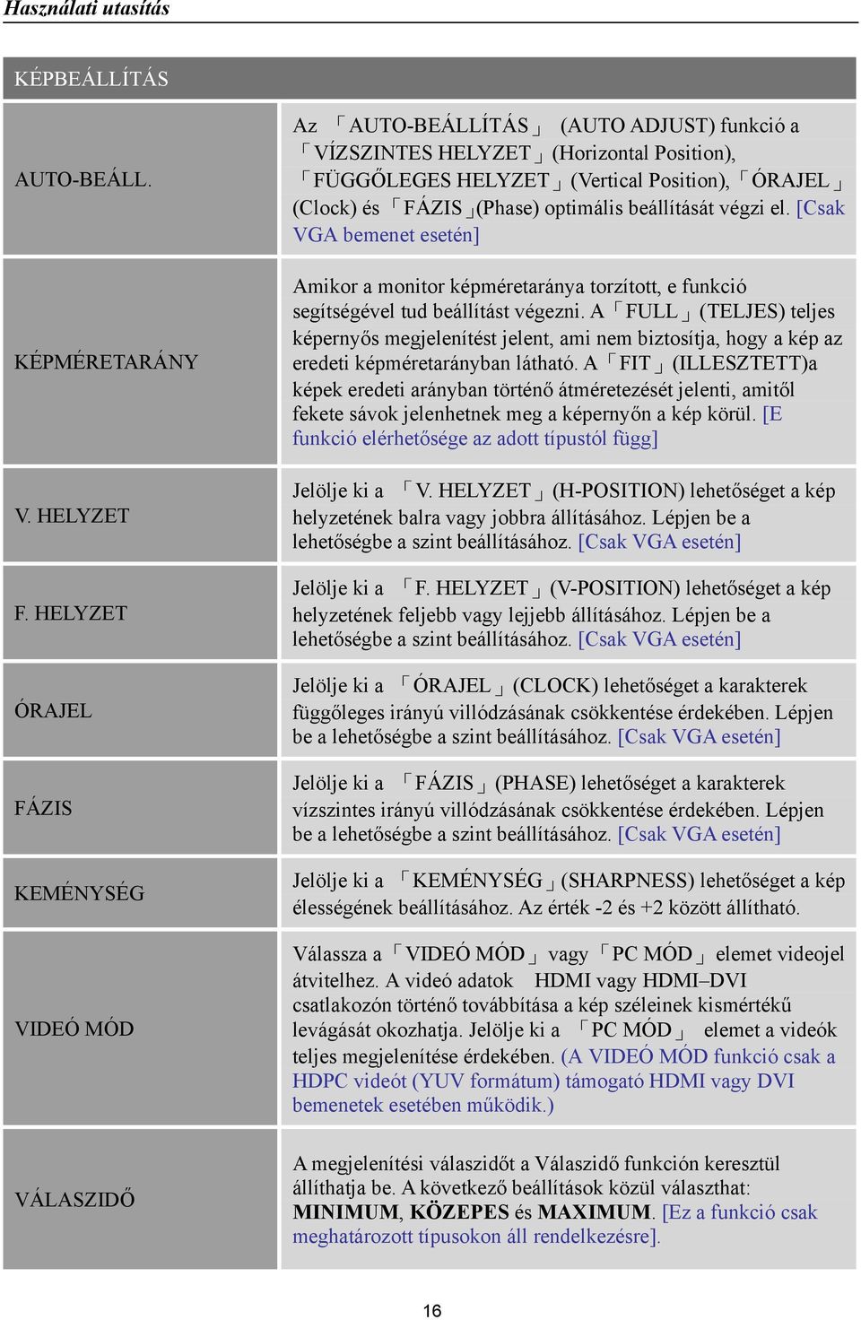 (Phase) optimális beállítását végzi el. [Csak VGA bemenet esetén] Amikor a monitor képméretaránya torzított, e funkció segítségével tud beállítást végezni.