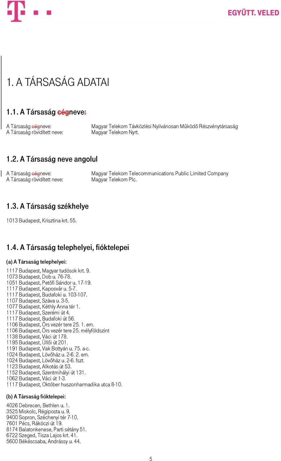 A Társaság székhelye 1013 Budapest, Krisztina krt. 55. 1.4. A Társaság telephelyei, fióktelepei (a) A Társaság telephelyei: 1117 Budapest, Magyar tudósok krt. 9. 1073 Budapest, Dob u. 76-78.