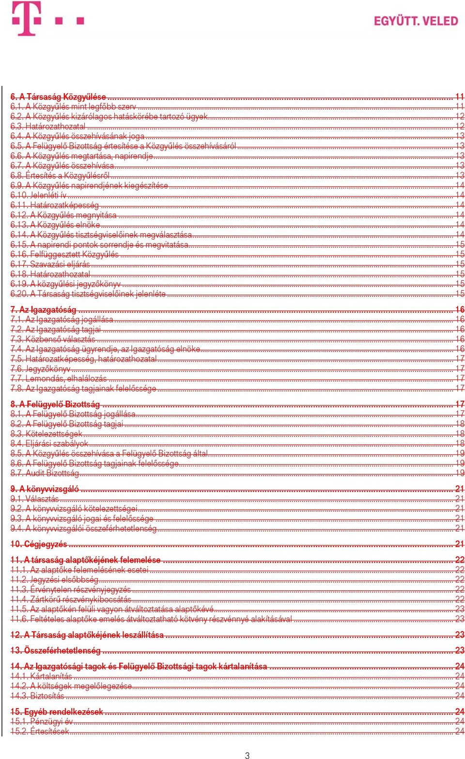 A Közgyűlés napirendjének kiegészítése... 14 6.10. Jelenléti ív... 14 6.11. Határozatképesség... 14 6.12. A Közgyűlés megnyitása... 14 6.13. A Közgyűlés elnöke... 14 6.14. A Közgyűlés tisztségviselőinek megválasztása.