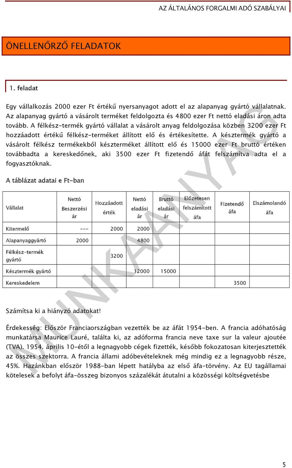 A félkész-termék gyártó vállalat a vásárolt anyag feldolgozása közben 3200 ezer Ft hozzáadott értékű félkész-terméket állított elő és értékesítette.