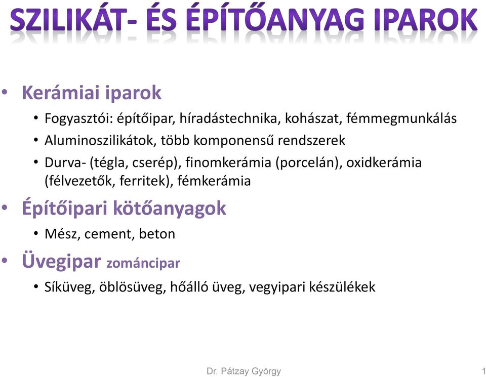 (porcelán), oxidkerámia (félvezetők, ferritek), fémkerámia Építőipari kötőanyagok Mész,