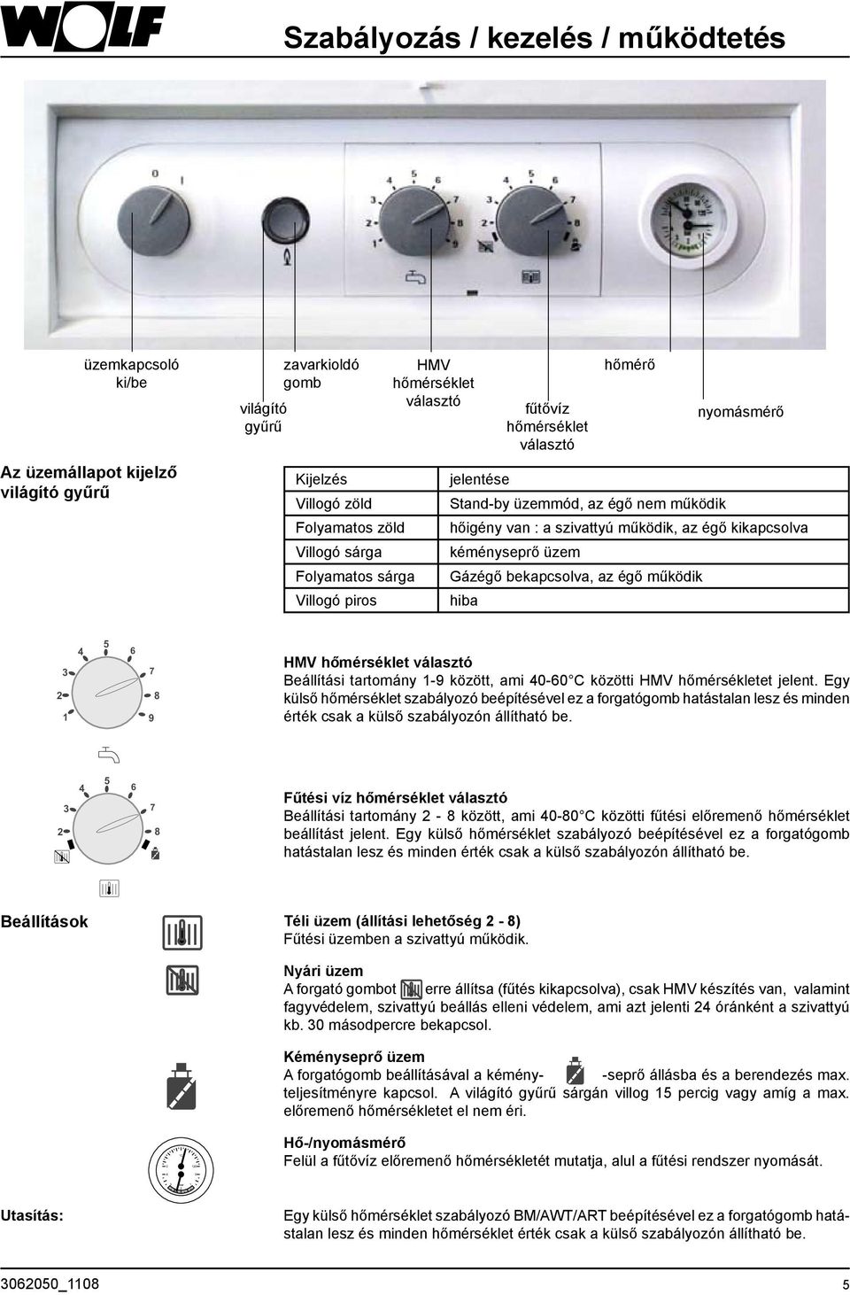 üzem Gázégő bekapcsolva, az égő működik hiba 3 7 2 8 1 5 4 6 9 HMV hőmérséklet választó Beállítási tartomány 1-9 között, ami 40-60 C közötti HMV hőmérsékletet jelent.