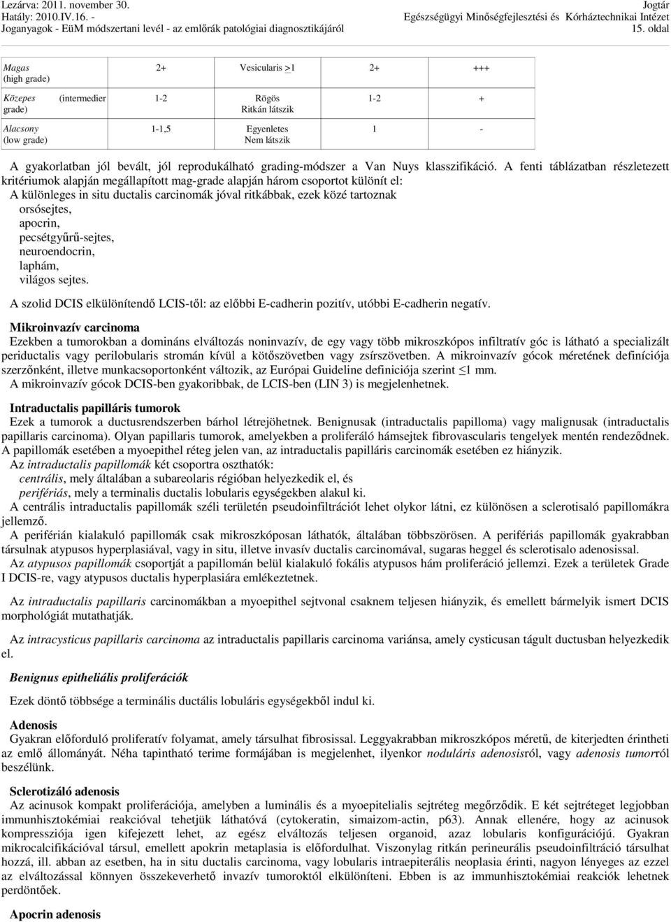 A fenti táblázatban részletezett kritériumok alapján megállapított mag-grade alapján három csoportot különít el: A különleges in situ ductalis carcinomák jóval ritkábbak, ezek közé tartoznak