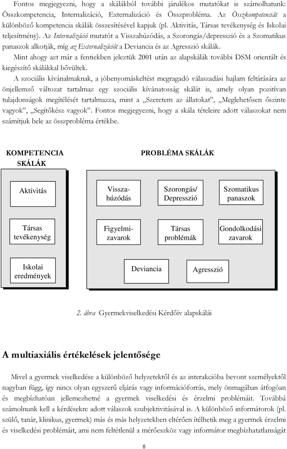 Az Internalizáció mutatót a Visszahúzódás, a Szorongás/depresszió és a Szomatikus panaszok alkotják, míg az Externalizációt a Deviancia és az Agresszió skálák.