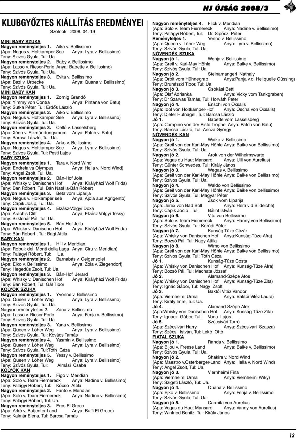Zornig Grandó (Apa: Yimmy von Contra Anya: Pintana von Batu) Teny: Sutka Péter, Tul: Erdõs László Nagyon reményteljes 2. Aiko v. Bellissimo (Apa: Negus v. Holtkamper See Anya: Lyra v.