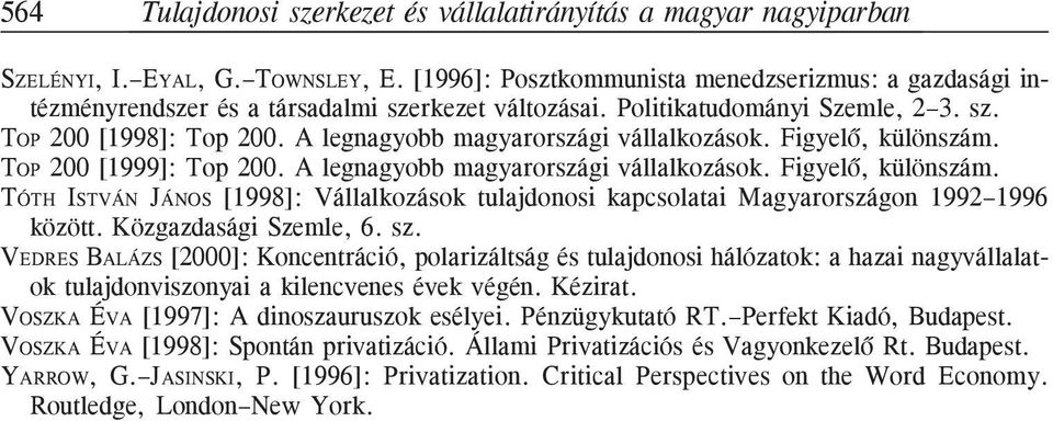 A legnagyobb magyarországi vállalkozások. Figyelõ, különszám. TOP 200 [1999]: Top 200. A legnagyobb magyarországi vállalkozások. Figyelõ, különszám. TÓTH ISTVÁN JÁNOS [1998]: Vállalkozások tulajdonosi kapcsolatai Magyarországon 1992 1996 között.