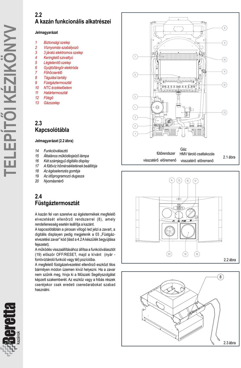 2 ábra) 14 Funkcióválasztó 15 Általános mûködésjelzõ lámpa 16 Két számjegyû digitális display 17 A fûtõvíz hõmérsékletének beállítója 18 Az égéselemzés gombja 19 Az idõprogramozó dugasza 20