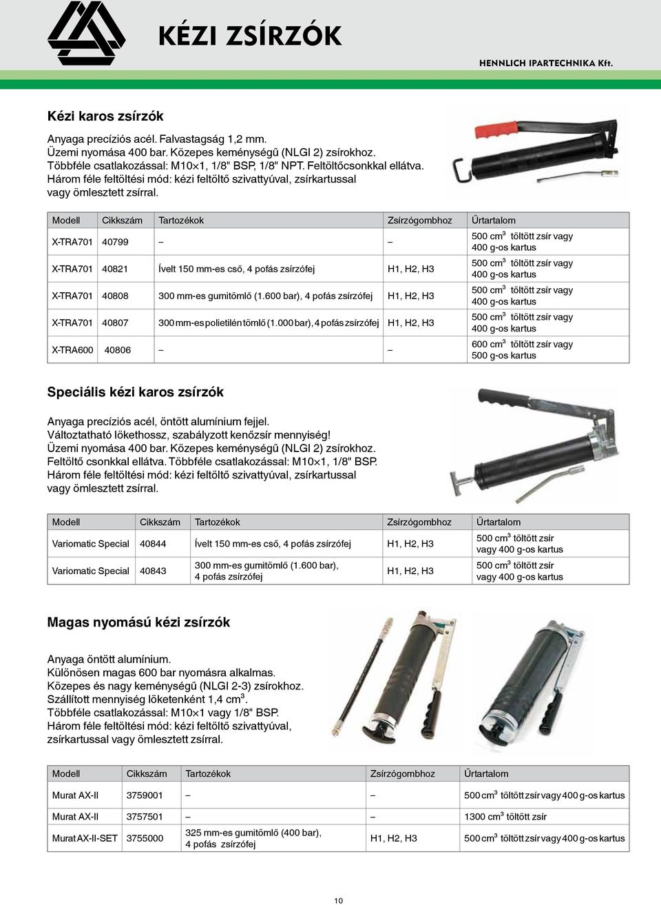 Modell Cikkszám Tartozékok Zsírzógombhoz Űrtartalom X-TRA 701 40799 X-TRA 701 40821 Ívelt 150 mm-es cső, 4 pofás zsírzófej H1, H2, H3 X-TRA 701 40808 300 mm-es gumitömlő (1.