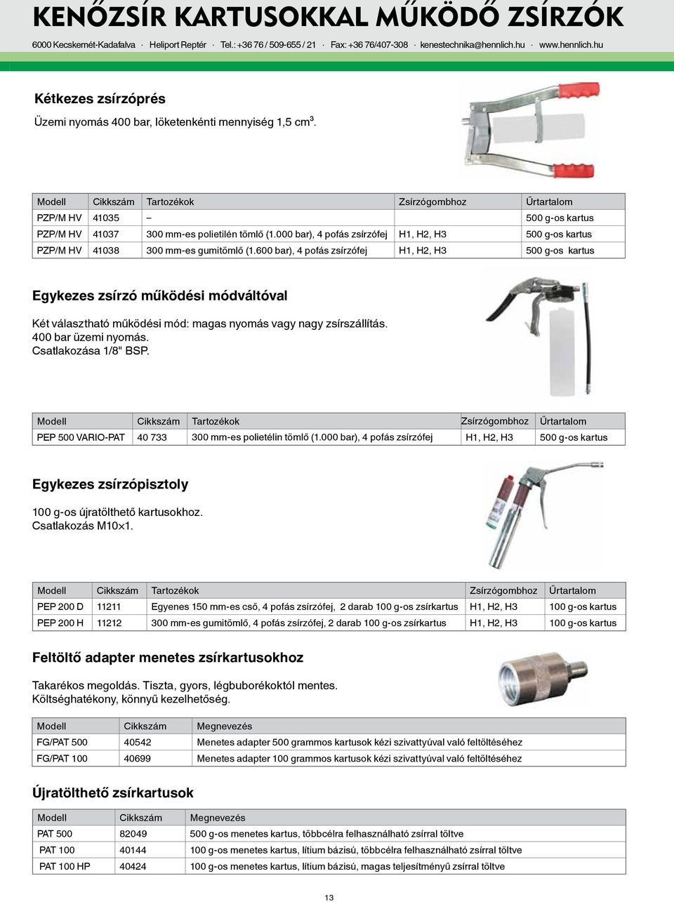 Modell Cikkszám Tartozékok Zsírzógombhoz Űrtartalom PZP/M HV 41035 500 g-os kartus PZP/M HV 41037 300 mm-es polietilén tömlő (1.