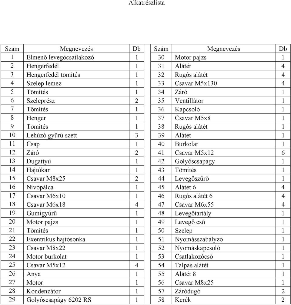Burkolat 1 12 Záró 2 41 Csavar M5x12 6 13 Dugattyú 1 42 Golyóscsapágy 1 14 Hajtókar 1 43 Tömítés 1 15 Csavar M8x25 2 44 Levegőszűrő 1 16 Nívópálca 1 45 Alátét 6 4 17 Csavar M6x10 1 46 Rugós alátét 6