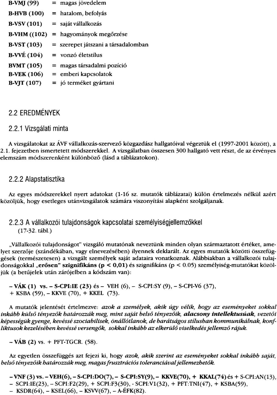 2 EREDMÉNYEK 2.2.1 Vizsgálati minta A vizsgálatokat az ÁVF vállalkozás-szervező közgazdász hallgatóival végeztük el (1997-2001 között), a 2.1. fejezetben ismertetett módszerekkel.