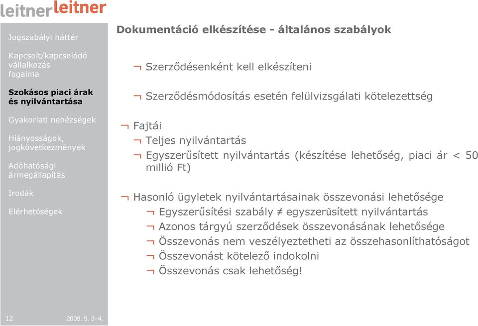 ügyletek nyilvántartásainak összevonási lehetısége Egyszerősítési szabály egyszerősített nyilvántartás Azonos tárgyú szerzıdések összevonásának