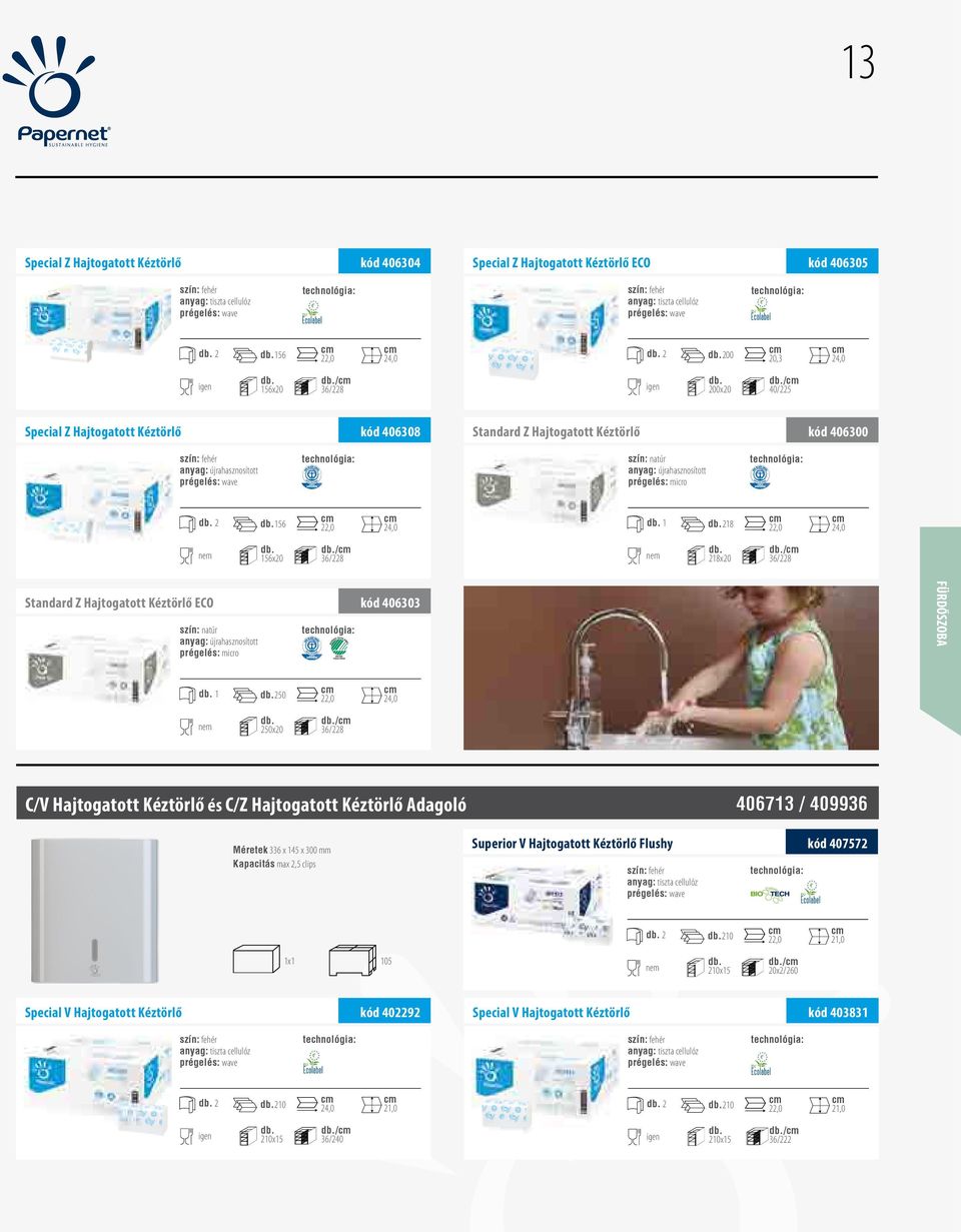 prégelés: icro FÜRDŐSZOBA 1 250 22,0 24,0 ne 250x20 / 36/228 C/V Hajtogatott Kéztörlő és C/Z Hajtogatott Kéztörlő Adagoló 406713 / 409936 Méretek 336 x 145 x 300 Kapacitás ax 2,5 clips Superior V
