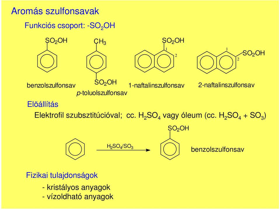 Előállítás Elektrofil szubsztitúcióval; cc. H 2 SO 4 vagy óleum (cc.