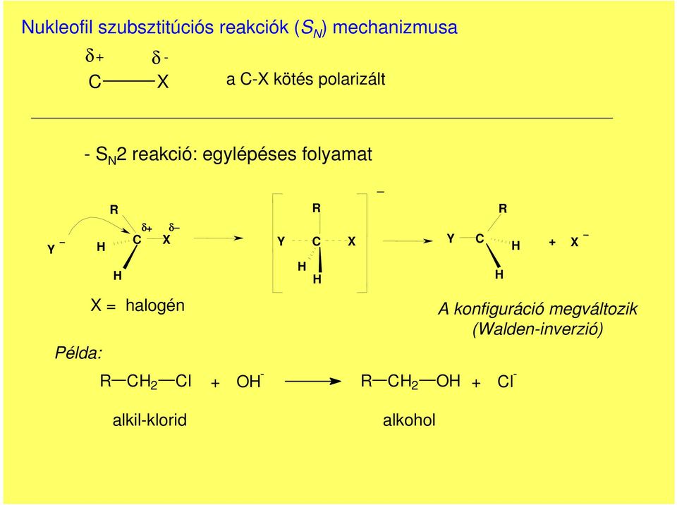 Példa: H δ+ δ X X = halogén Y H H 2 l + OH - H + l - 2 OH H X _ Y